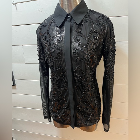 FRANK Lyman Design Collection Beaded Mesh Black Blouse - Size S - Picture 3 of 10